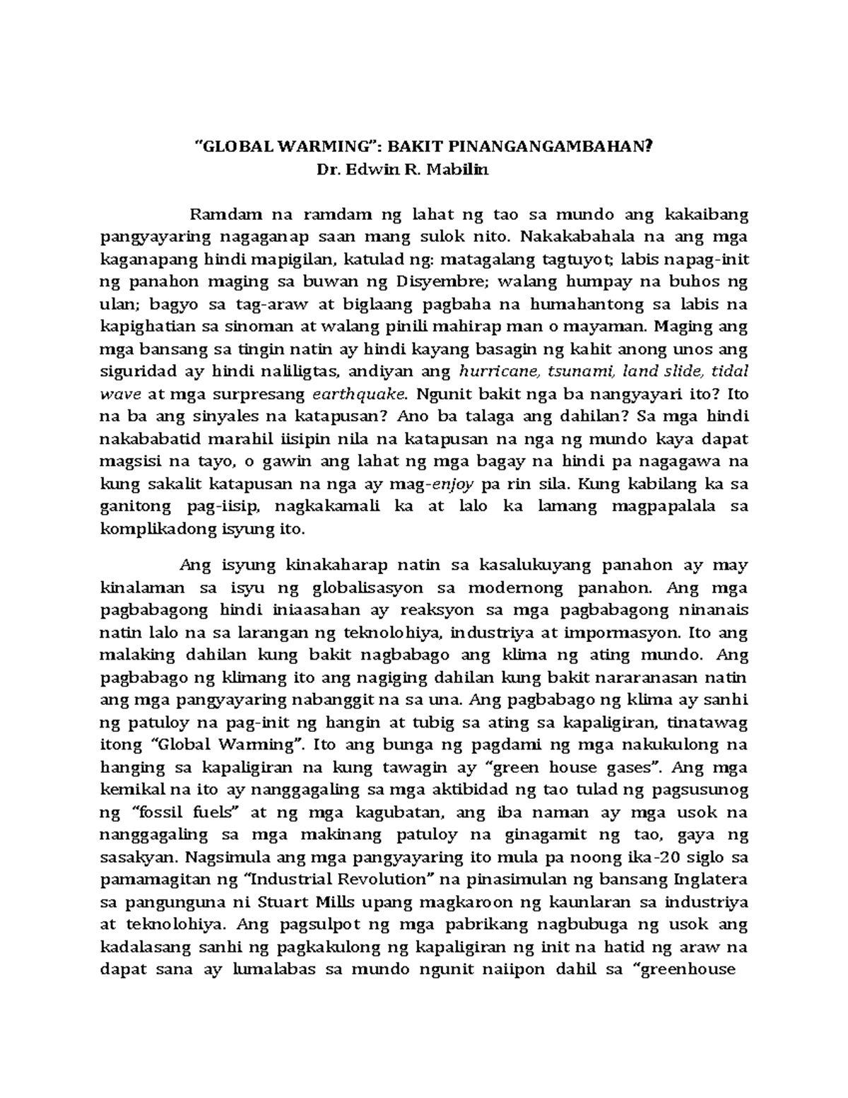 Global Warming: Isyu at Panganib sa Makabagong Panahon - Sample Essay ...