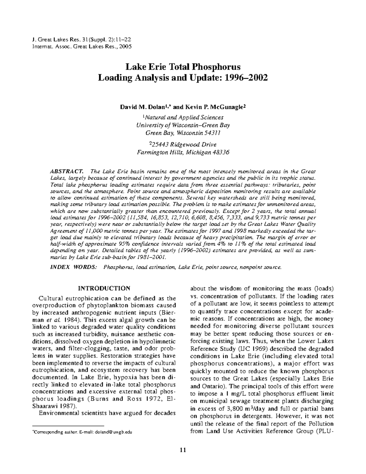 Lake Erie Total Phosphorus Loading Analysis (J. Great Lakes Res. 31 ...