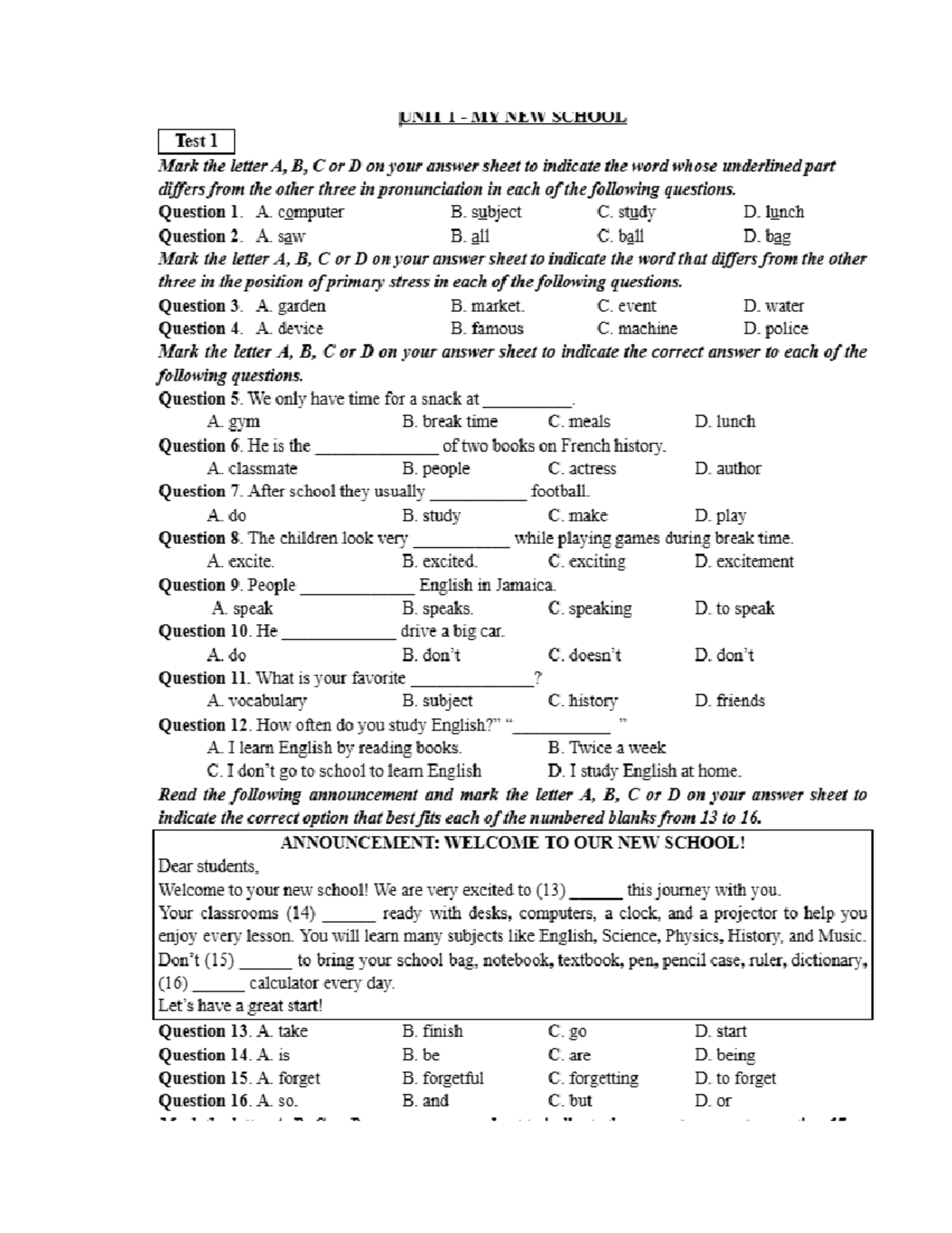Test 1 - Unit 1 - Grade 6 - Tieng Anh 6 - Pronunciation & Comprehension ...