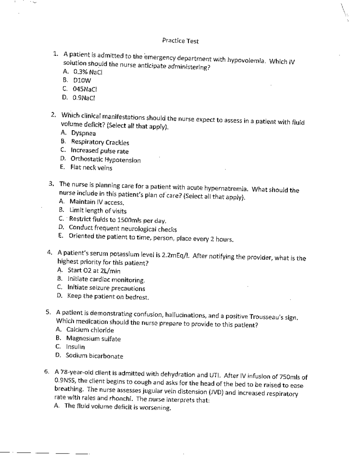 Practice F & El test questions on fluid volume and IV solutions - Studocu