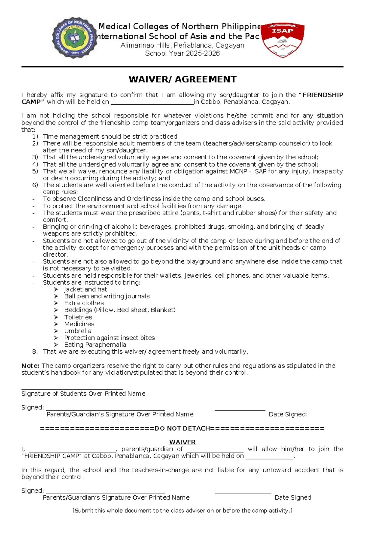 FC-2026 - Waiver Agreement for Friendship Camp Participation - Studocu
