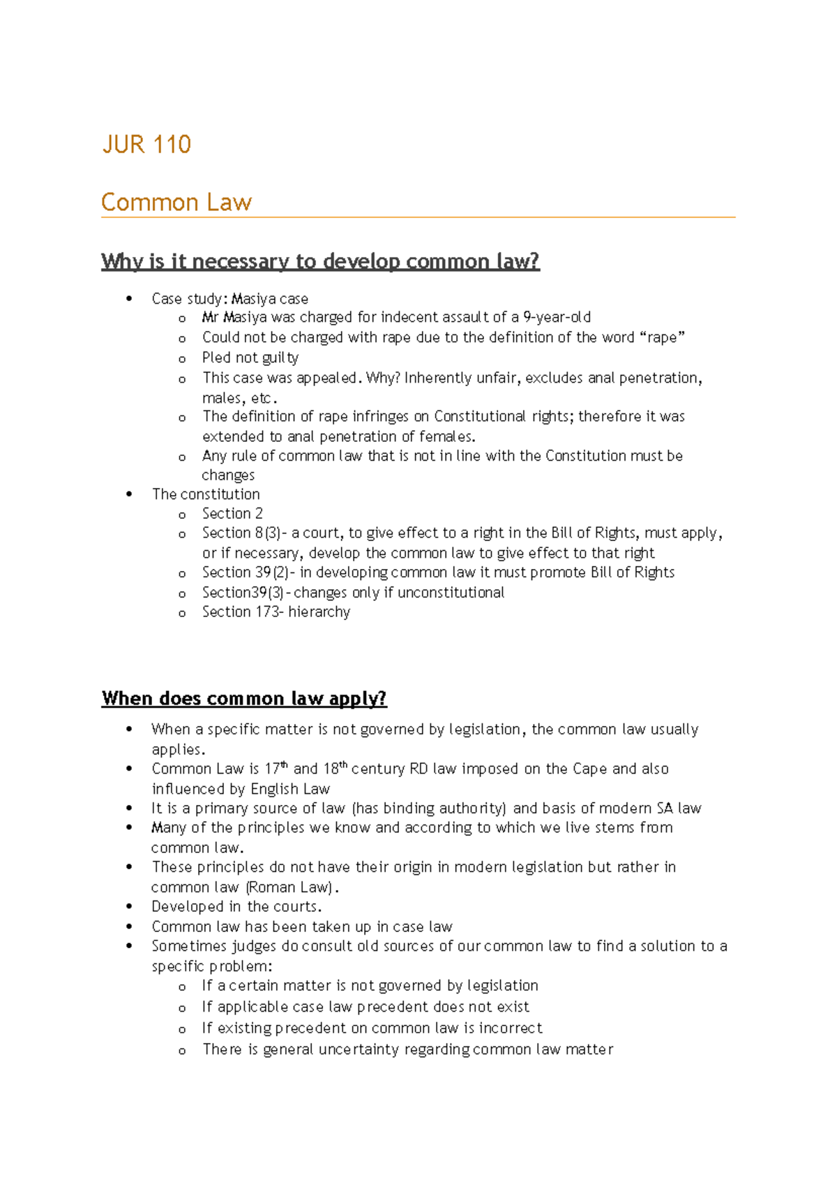 JUR 110 Common Law Case Study: Masiya and Constitutional Development ...