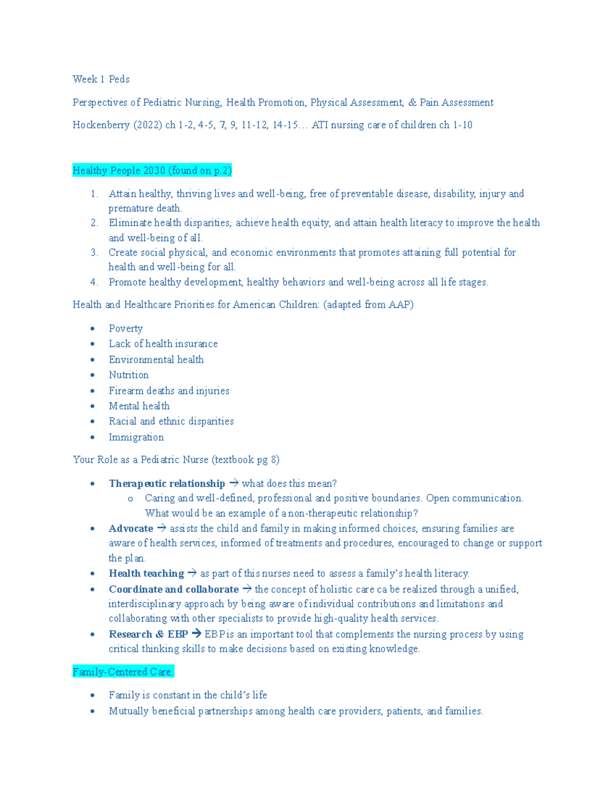 Week 1 Peds Note - Week 1 of Peds Notes for N307. - Week 1 Peds ...