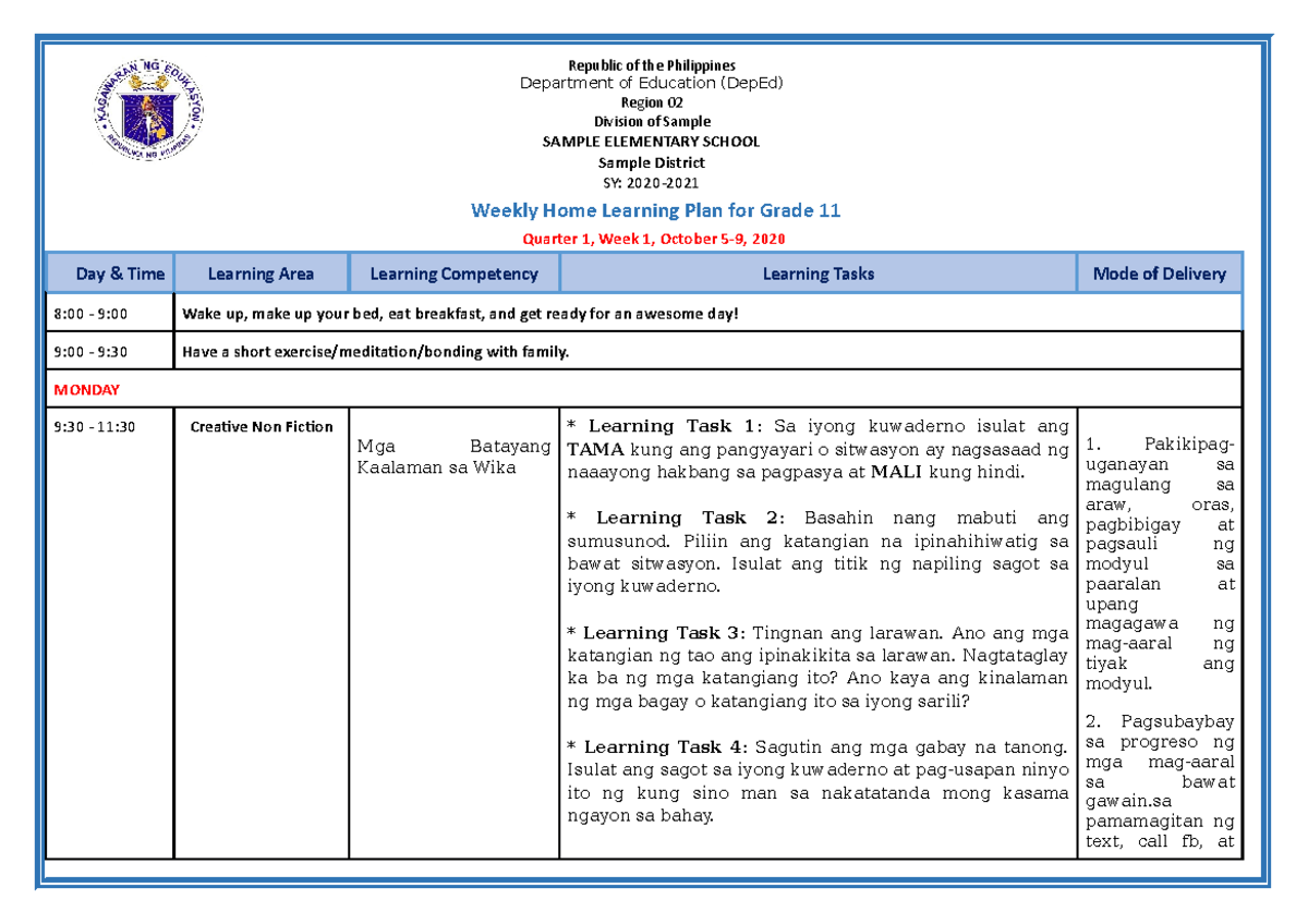 Grade 11 Weekly Home Learning Plan (WHLP) Q1 W1 - Studocu