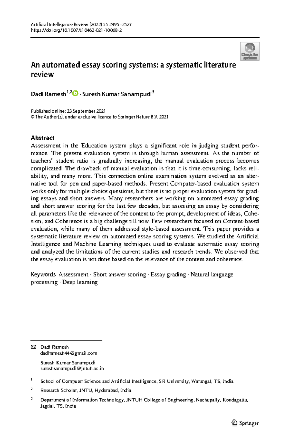 Automated Essay Scoring Systems: A Systematic Review (AI 2022) - Studocu