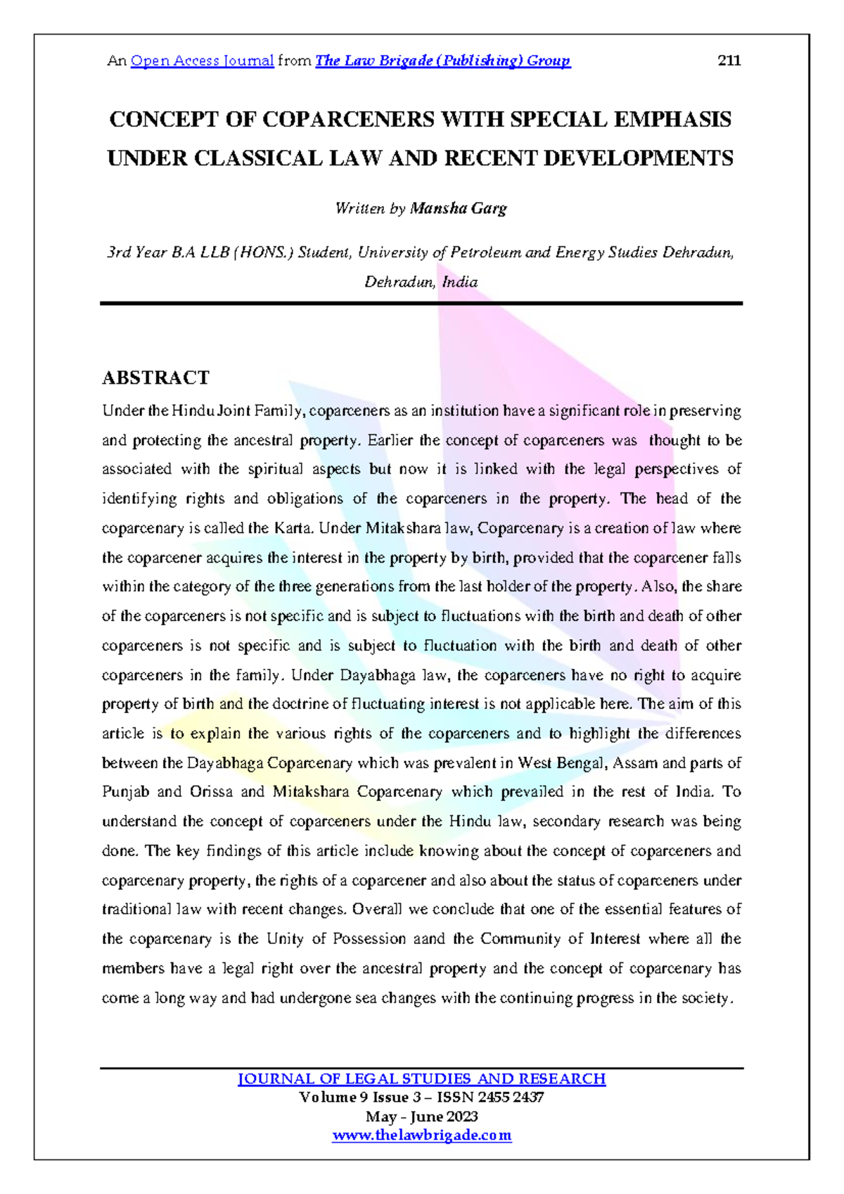 211 COPARCENERS UNDER HINDU LAW: CLASSICAL AND RECENT DEVELOPMENTS ...