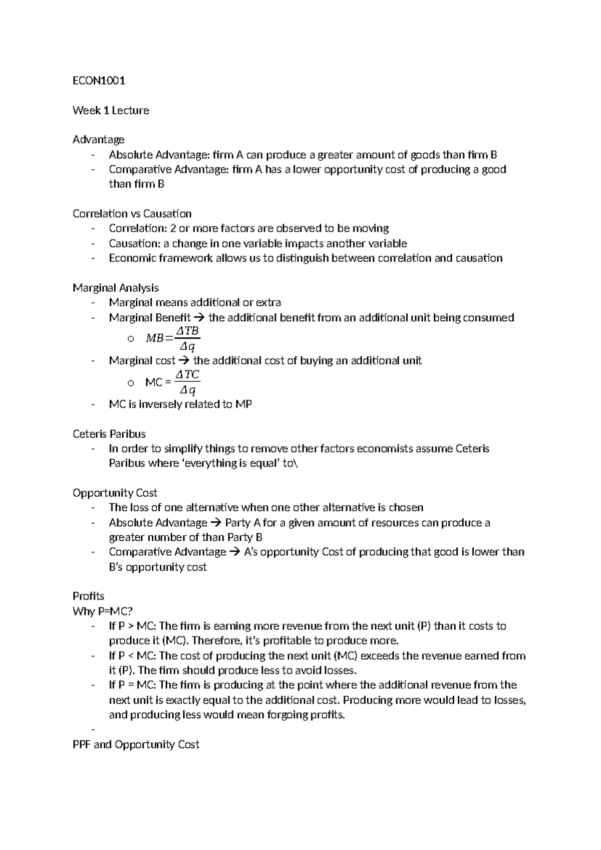 ECON1001 Week 1-10 Lecture Notes on Economic Principles and Concepts ...