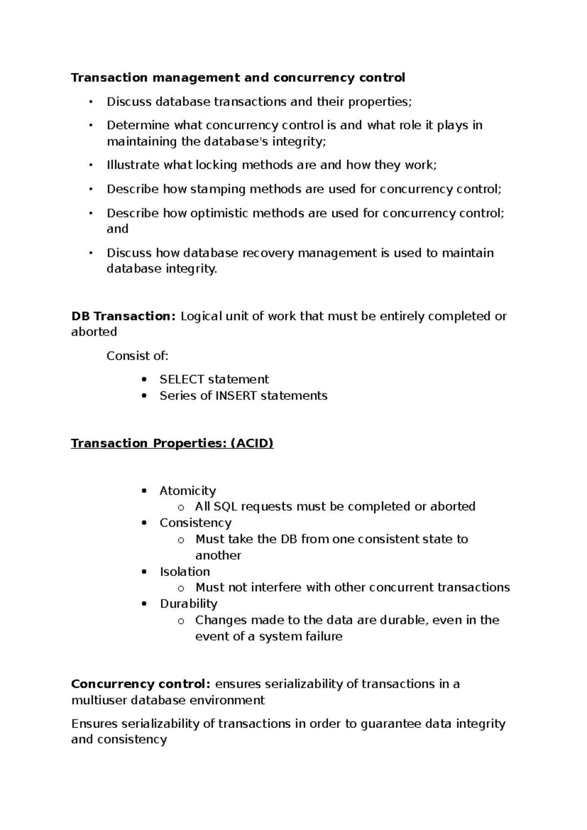 SU1 CMPG321: Transaction Management & Concurrency Control Notes - Studocu