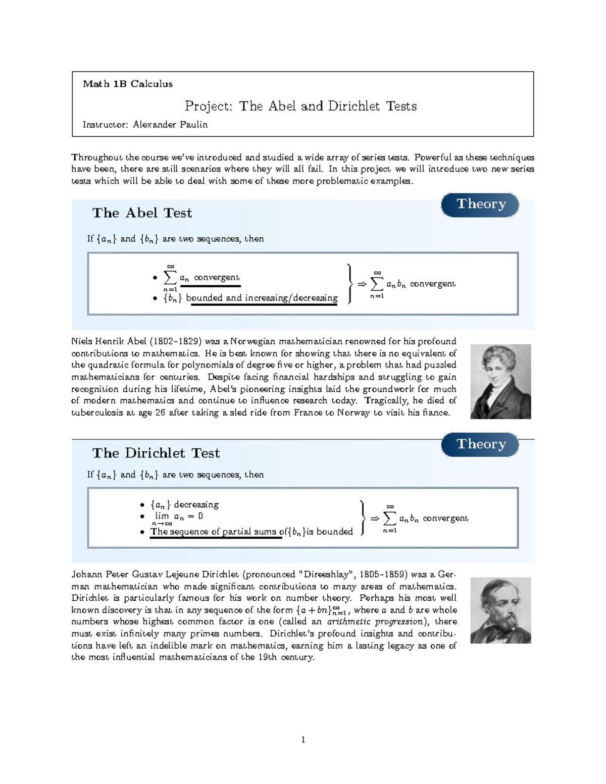 Math 1B Calculus Project: Exploring Abel & Dirichlet Tests - Studocu
