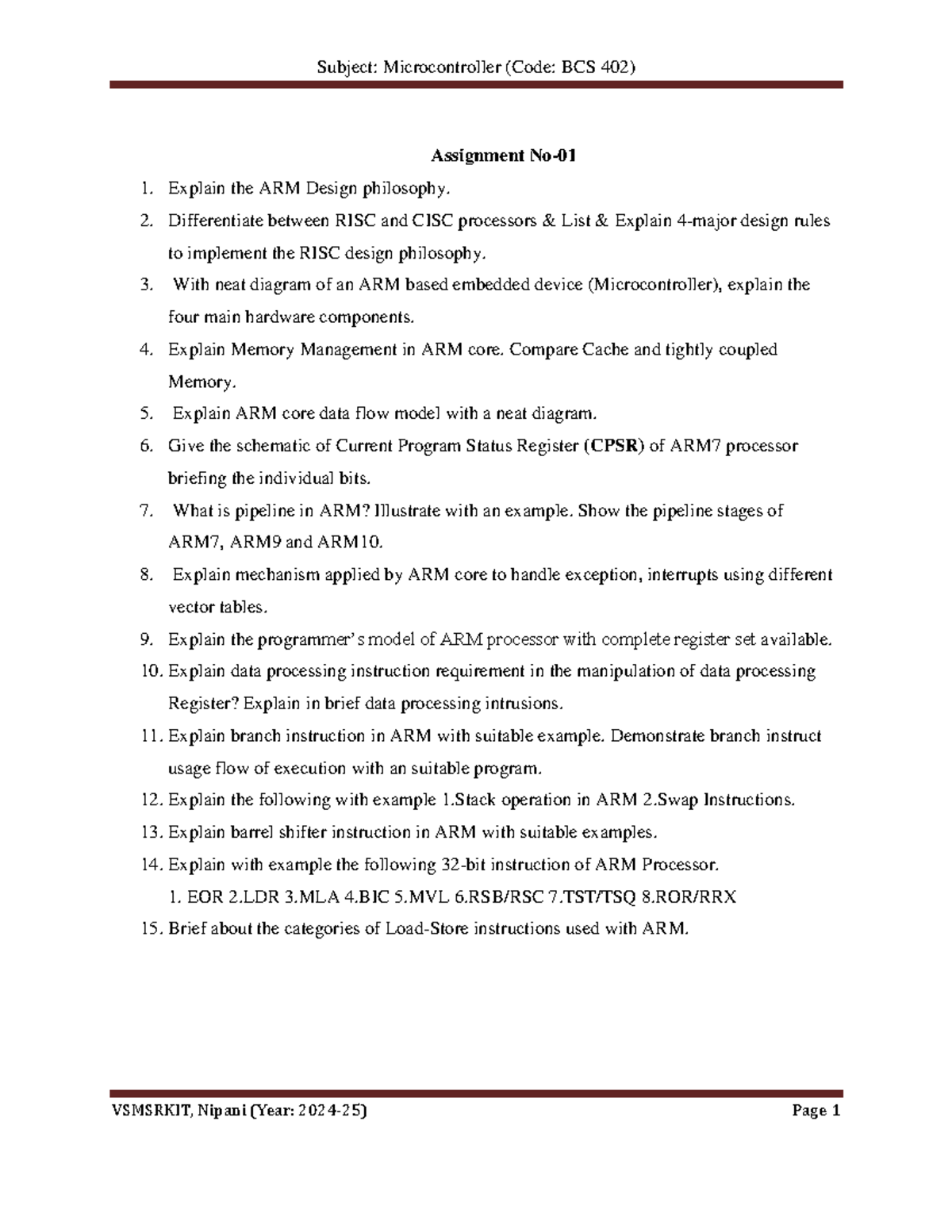BCS 402 Microcontroller Assignment No-01: ARM Design & Architecture ...