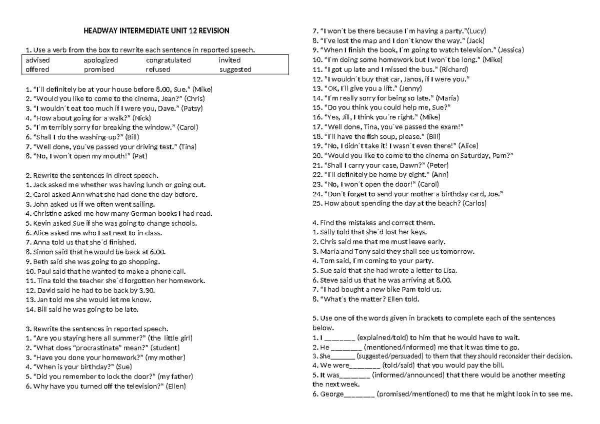Headway Intermediate Unit 12 Revision Notes - Studocu