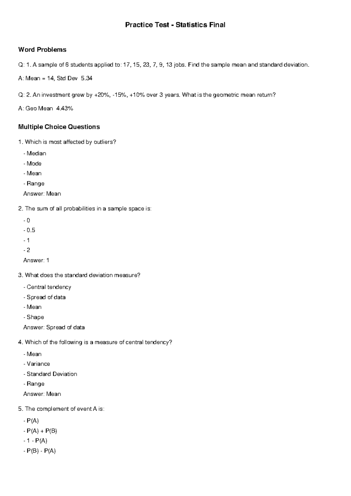 Practice Test STATS 101 Final: Word Problems & MCQs with Answers - Studocu