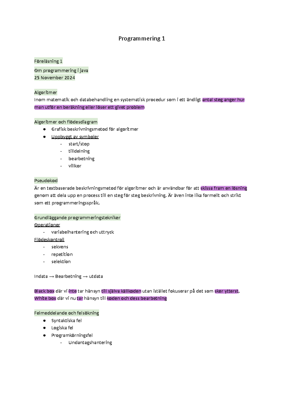 Programmering 1 - Föreläsningsanteckningar om Java och Algoritmer - Studocu