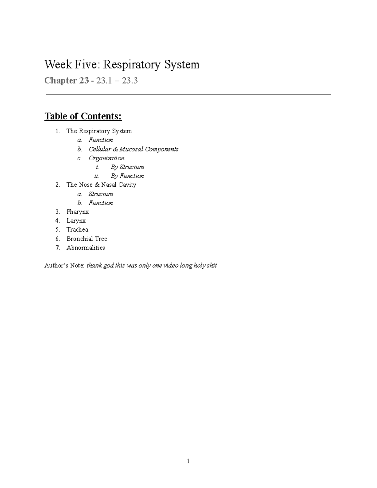 NUR 101: Week 5 Respiratory System Overview and Key Functions - Studocu