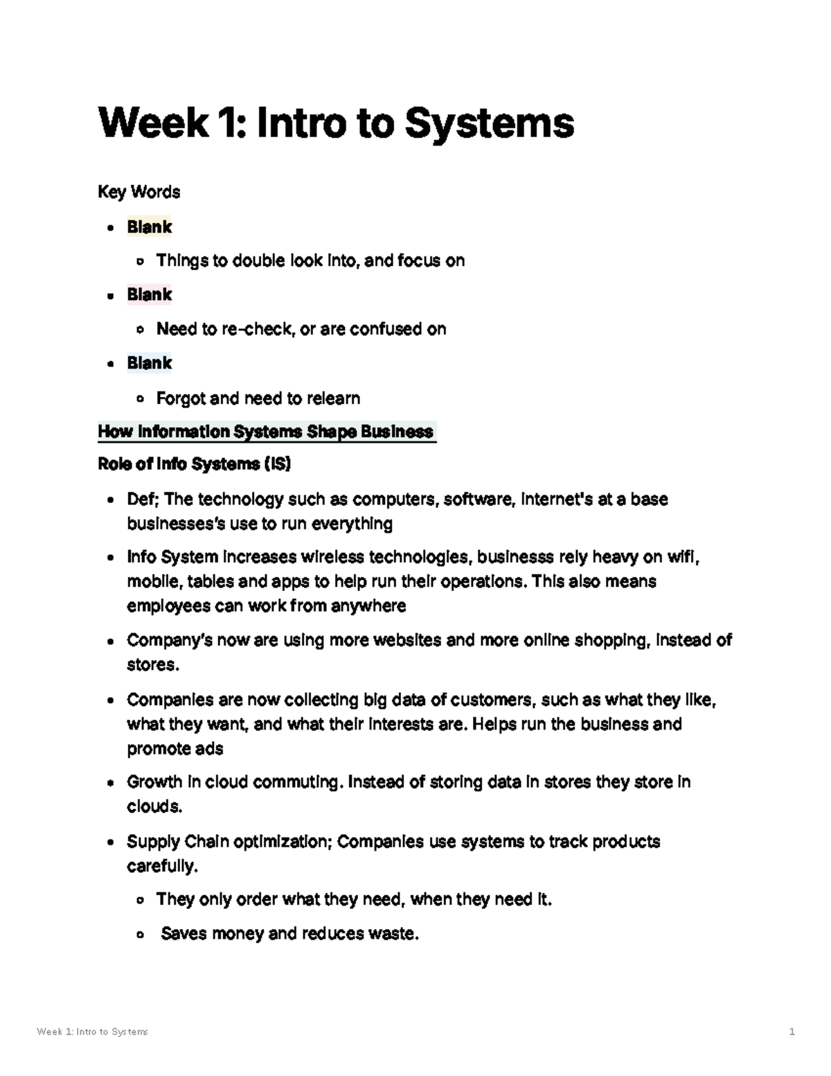 Week 1: Intro to Information Systems Overview and Key Concepts - Studocu