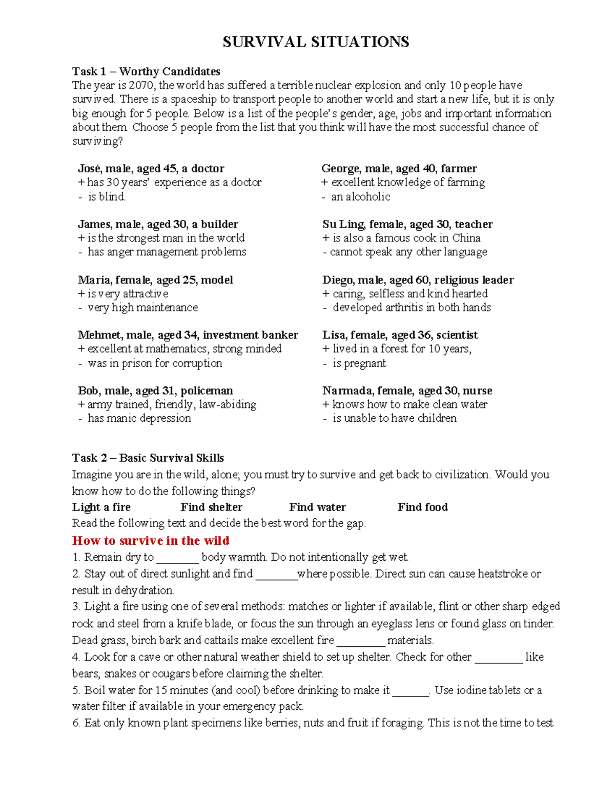 Homework 3 - âs á á á á á á - SURVIVAL SITUATIONS Task 1 – Worthy ...