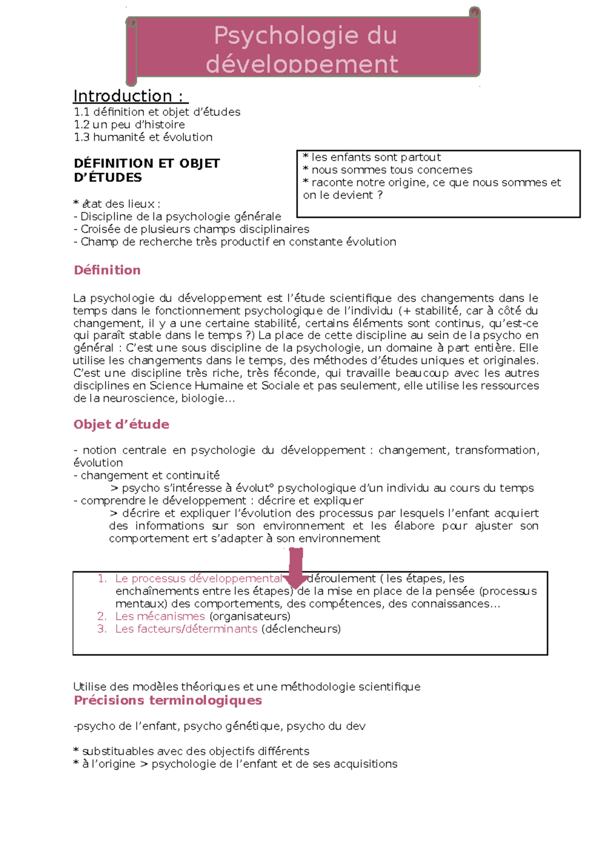 Introduction à la Psychologie du Développement (CM) - Studocu