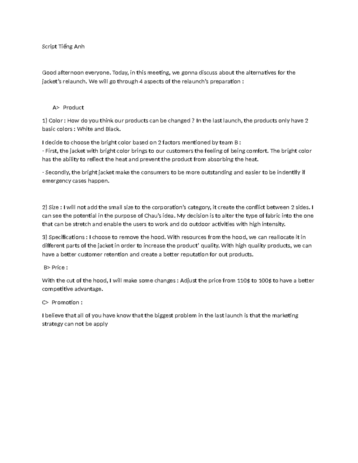 Script Tiếng Anh - COB1 - Script Tiếng Anh Good afternoon everyone ...