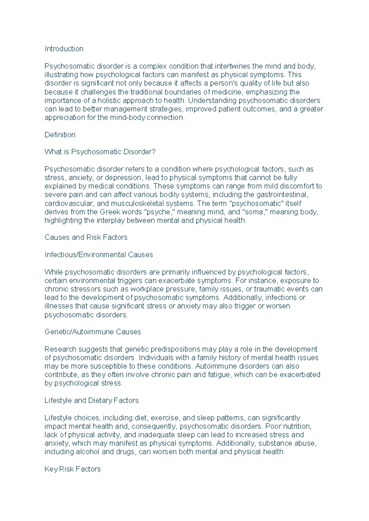 Psychosomatic Disorder Overview: Causes, Symptoms, and Management - Studocu