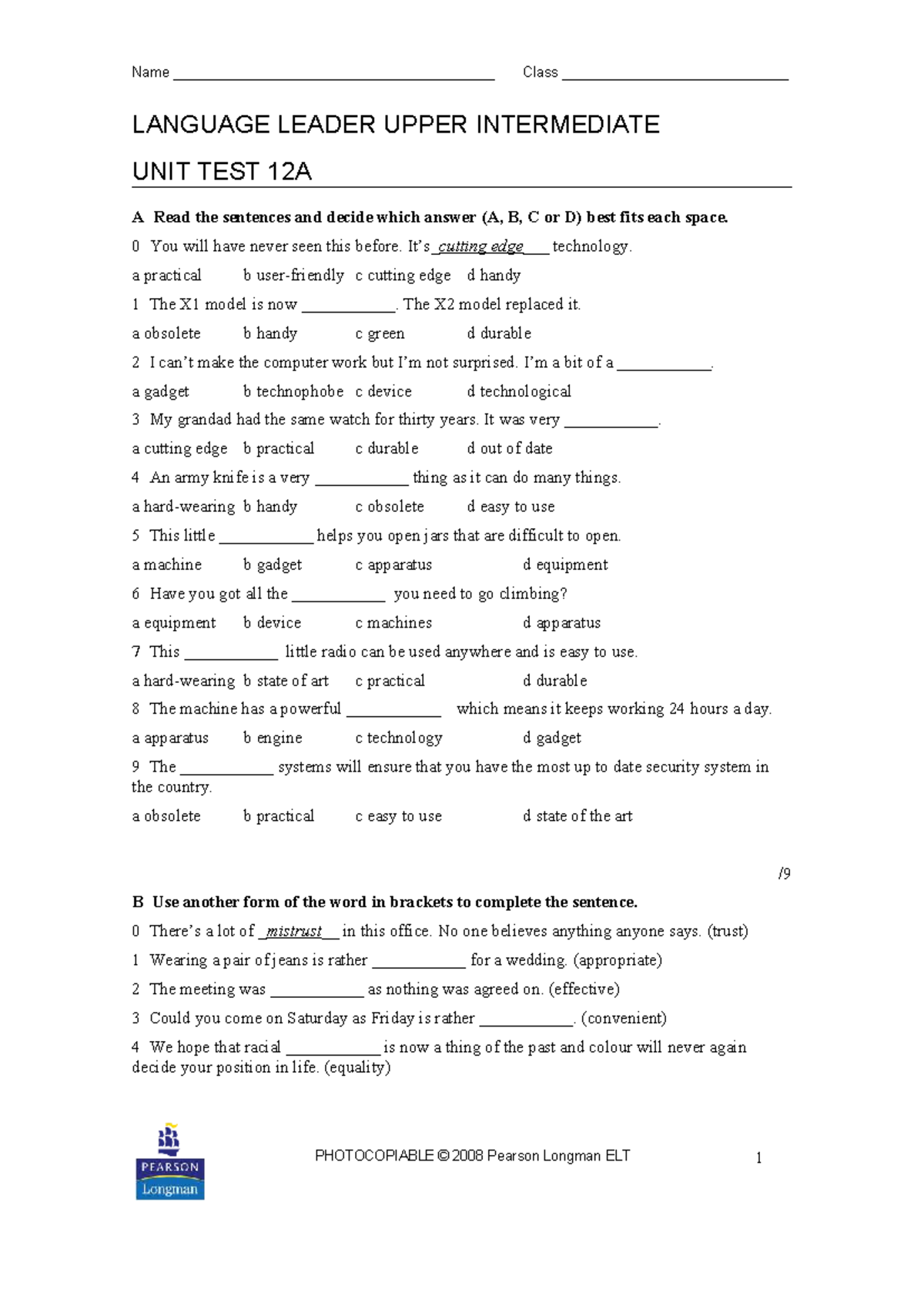 Unit Test 12A Answers - Language Leader Upper Intermediate 2014 - Studocu