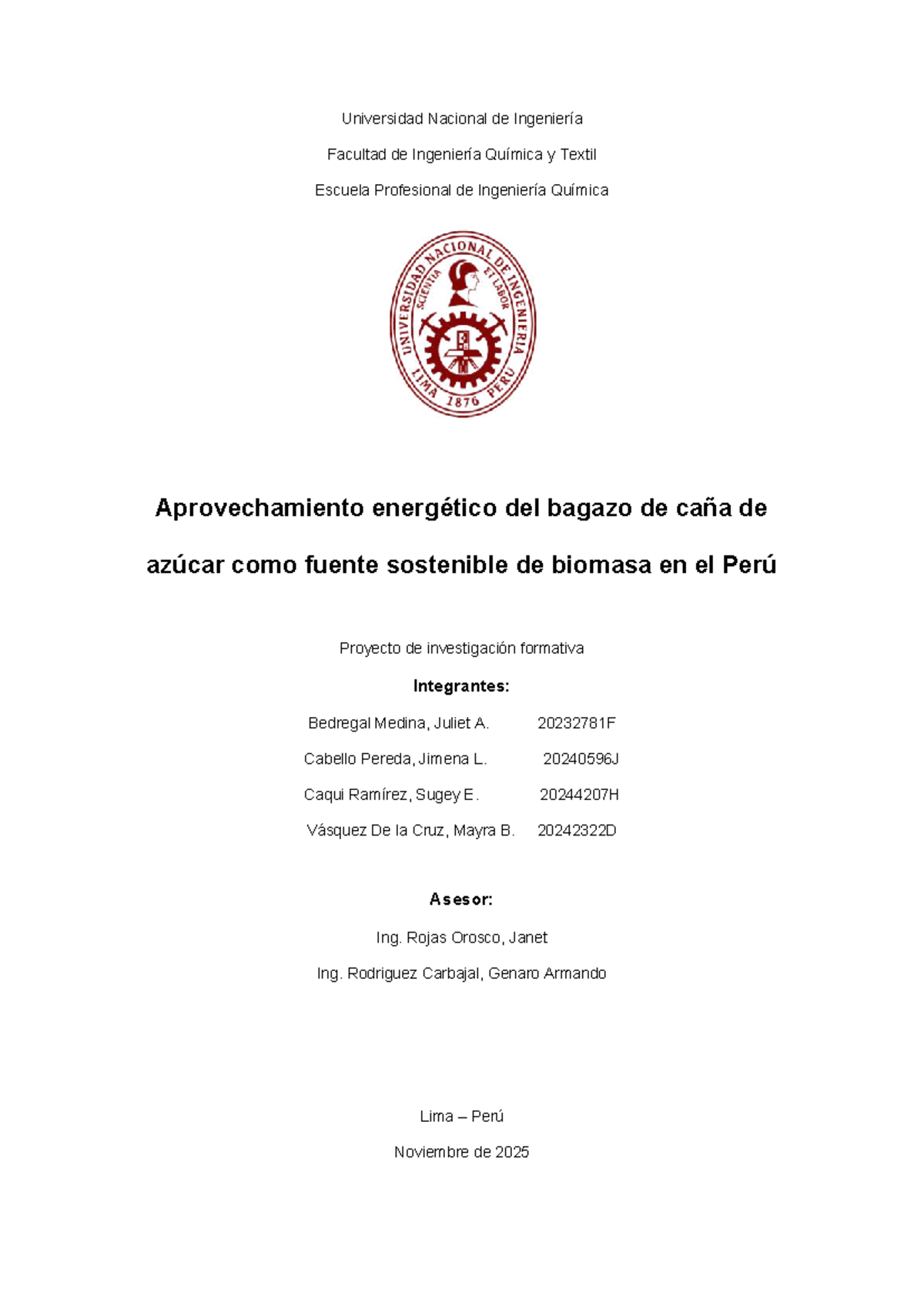 Aprovechamiento Energético del Bagazo de Caña de Azúcar en Perú - Proyecto - Document Preview