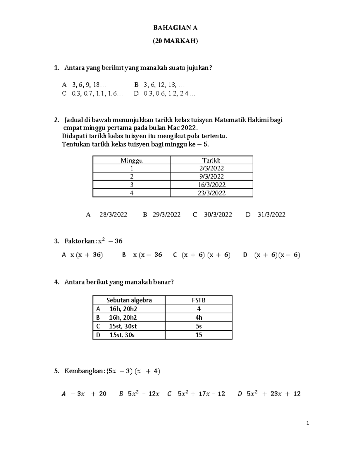 Midterm Math Form 2 - Soalan dan Jawapan Bahagian A dan B - Studocu