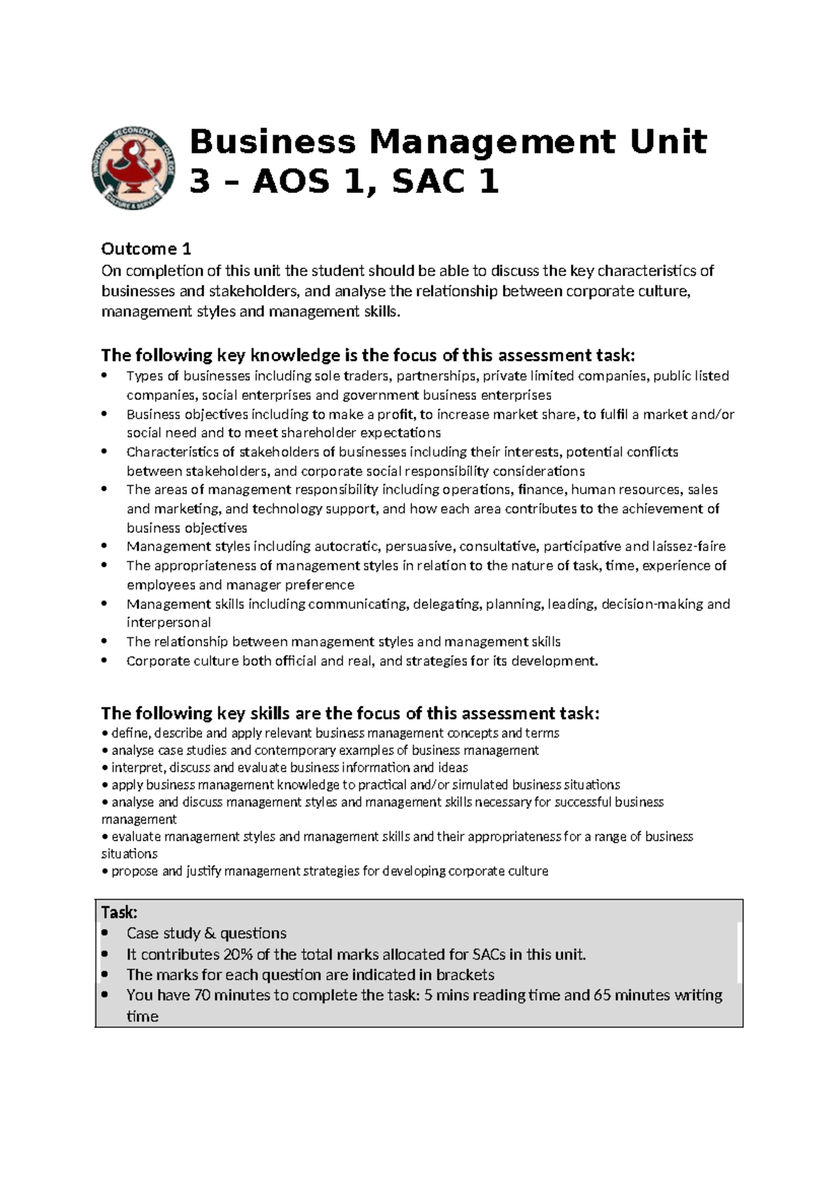 BM U3 AOS 1 SAC 2018 - N/A - Business Management Unit 3 – AOS 1, SAC 1 ...