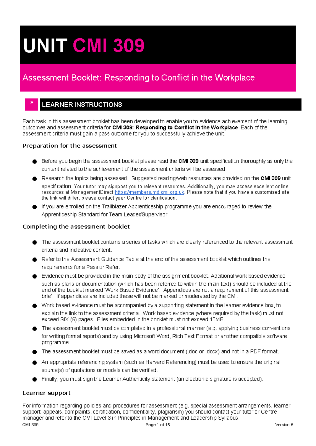 CMI 309 Assessment Booklet: Responding to Conflict in the Workplace ...