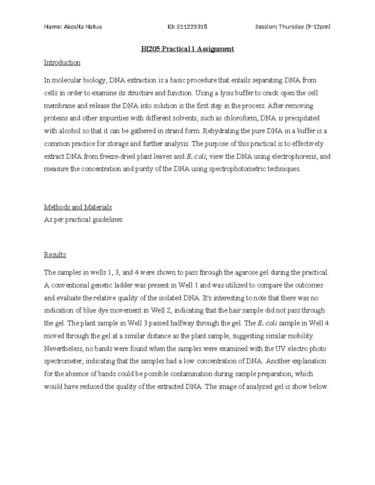 BI205 Practical 1: DNA Extraction from Plant Leaves and E. coli - Studocu