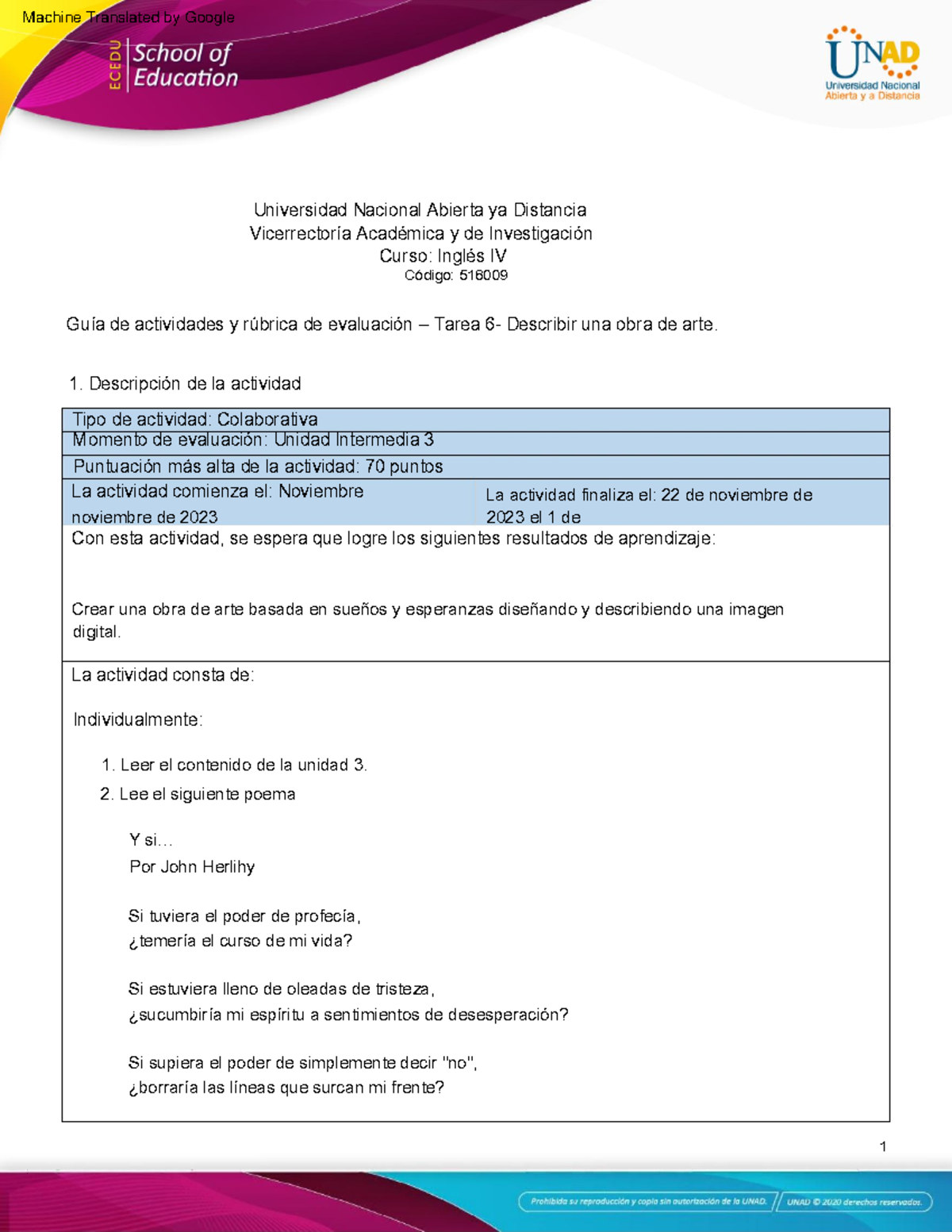 Activities guide and evaluation rubric - Unit 3 - Task 6 - Describing a ...