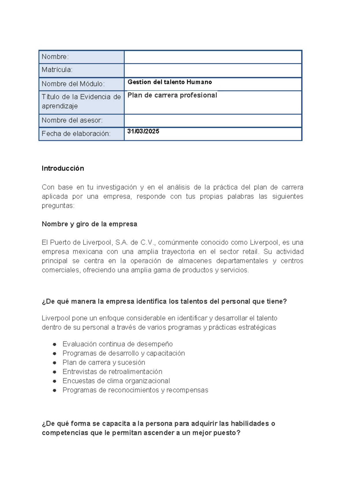 Plan de Carrera Profesional - Gestión del Talento Humano - Studocu