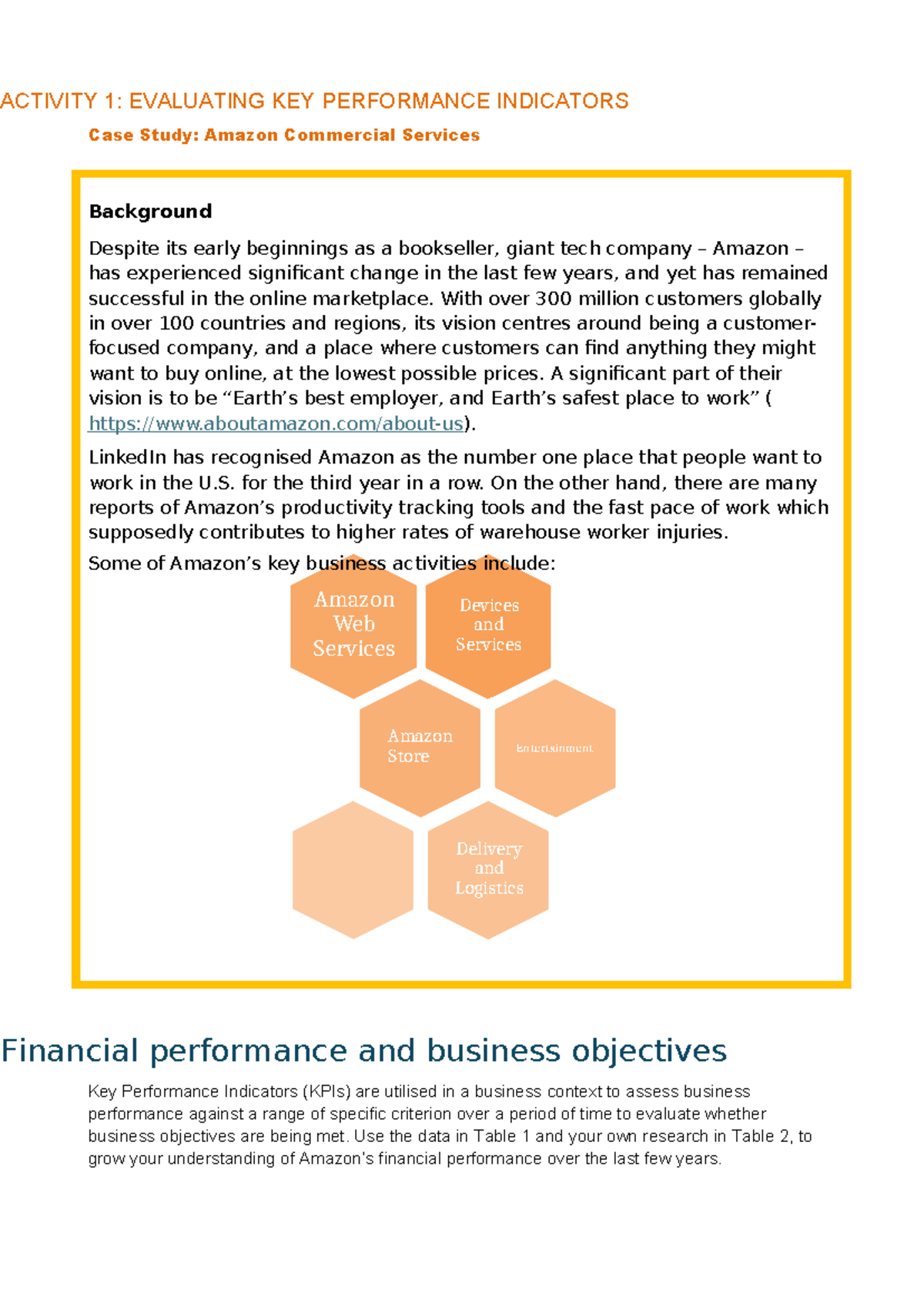 ACTIVITY 1: EVALUATING AMAZON KPI PERFORMANCE Case Study - Studocu