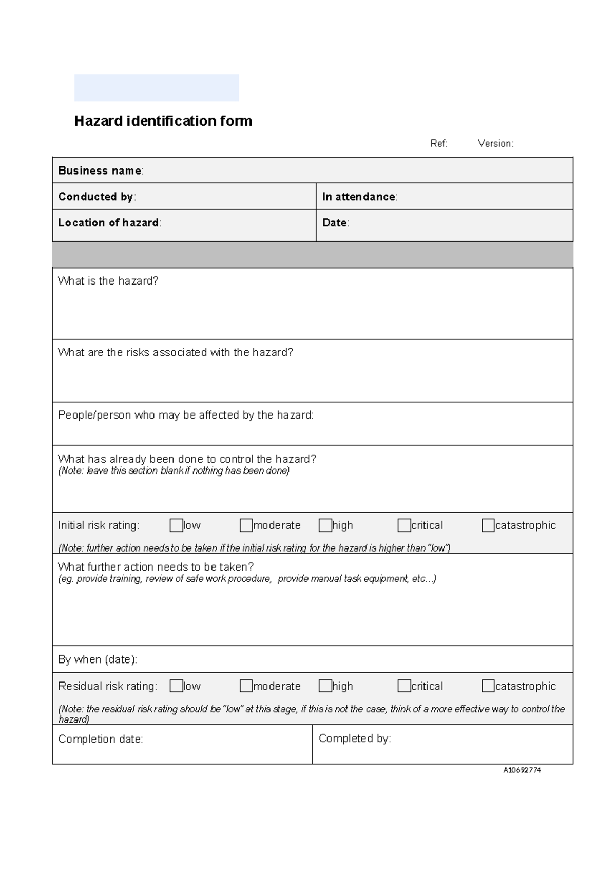 Hazard Identification Form A10692774: Risk Assessment & Control ...