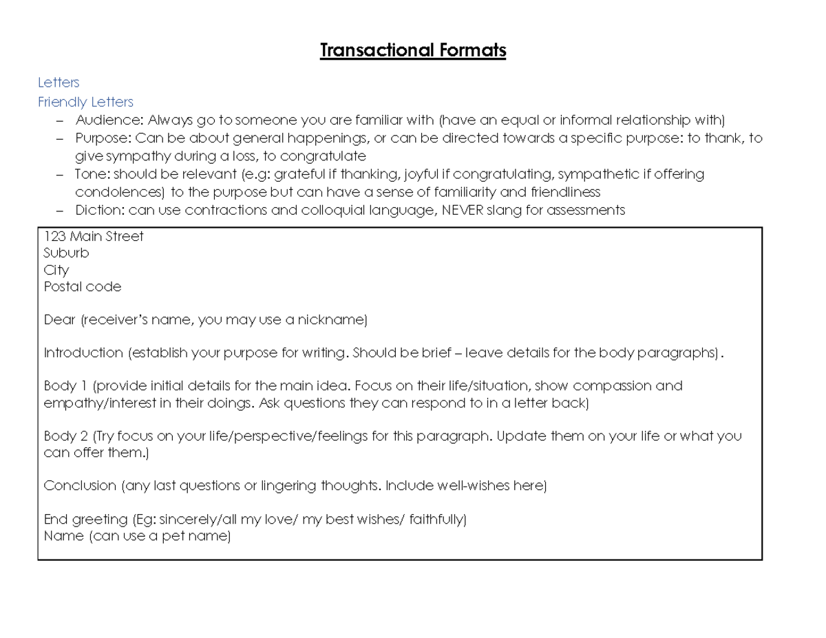 Transactional Formats: Letters and Emails Guide - Studocu