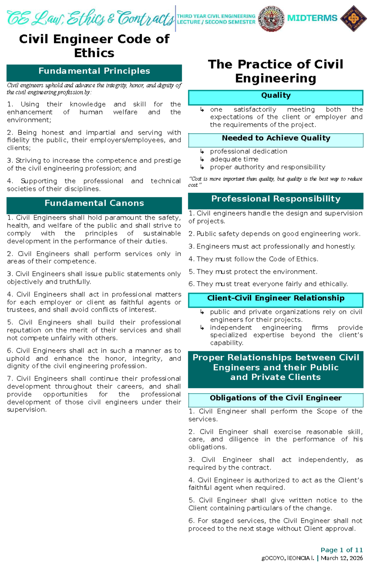 QUIZ 1: Civil Engineering Code of Ethics and Professional Practice ...