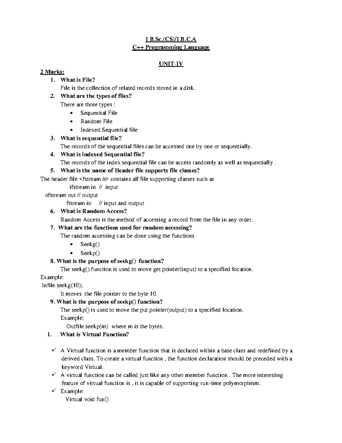**C++ Programming (I B.C) File Handling & Virtual Functions - Unit IV ...