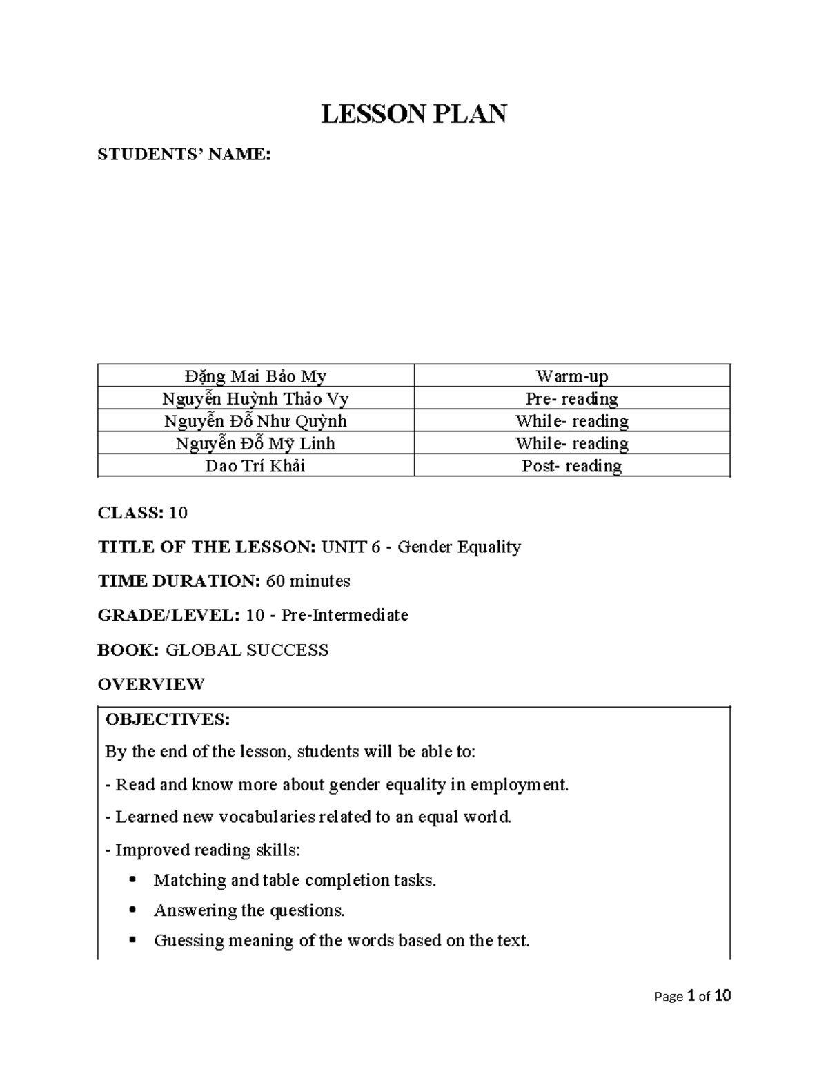 Lesson Plan: Unit 6 - Gender Equality for Class 10 (Final Exam) - Studocu