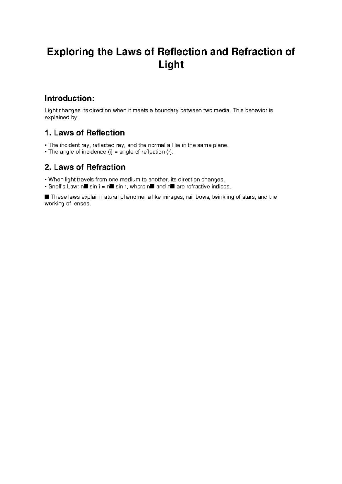 Reflection and Refraction of Light: Laws and Experiments - Studocu
