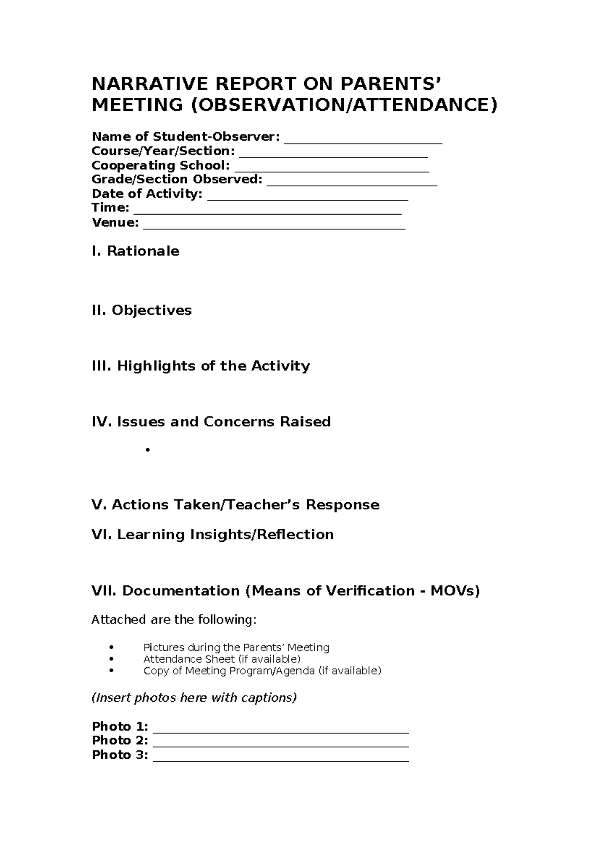 Template for narrative report - NARRATIVE REPORT ON PARENTS’ MEETING ...