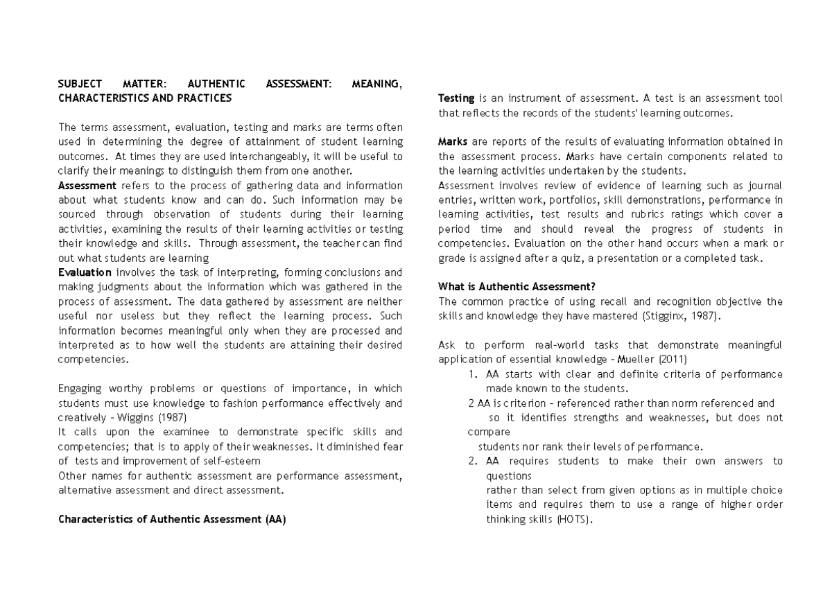 Authentic Assessment Overview: Characteristics & Practices - Studocu
