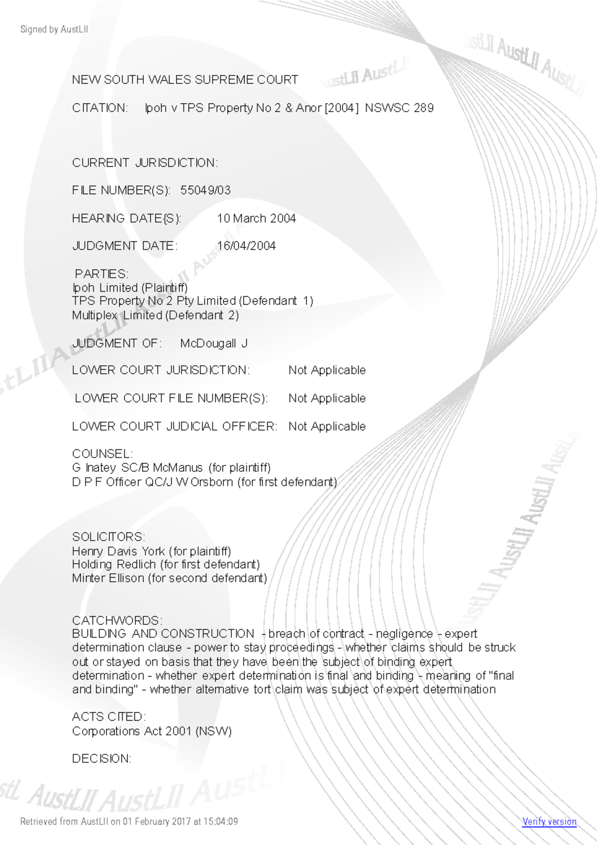 Ipoh v TPS Property No 2 Pty Limited: NSWSC 289 Judgment Analysis - Studocu