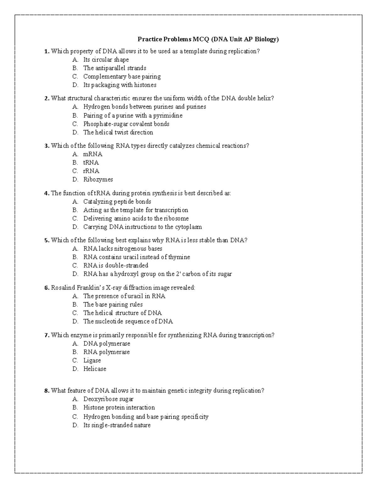 APBio DNA Unit Practice Test: MCQs on DNA Properties and Functions ...