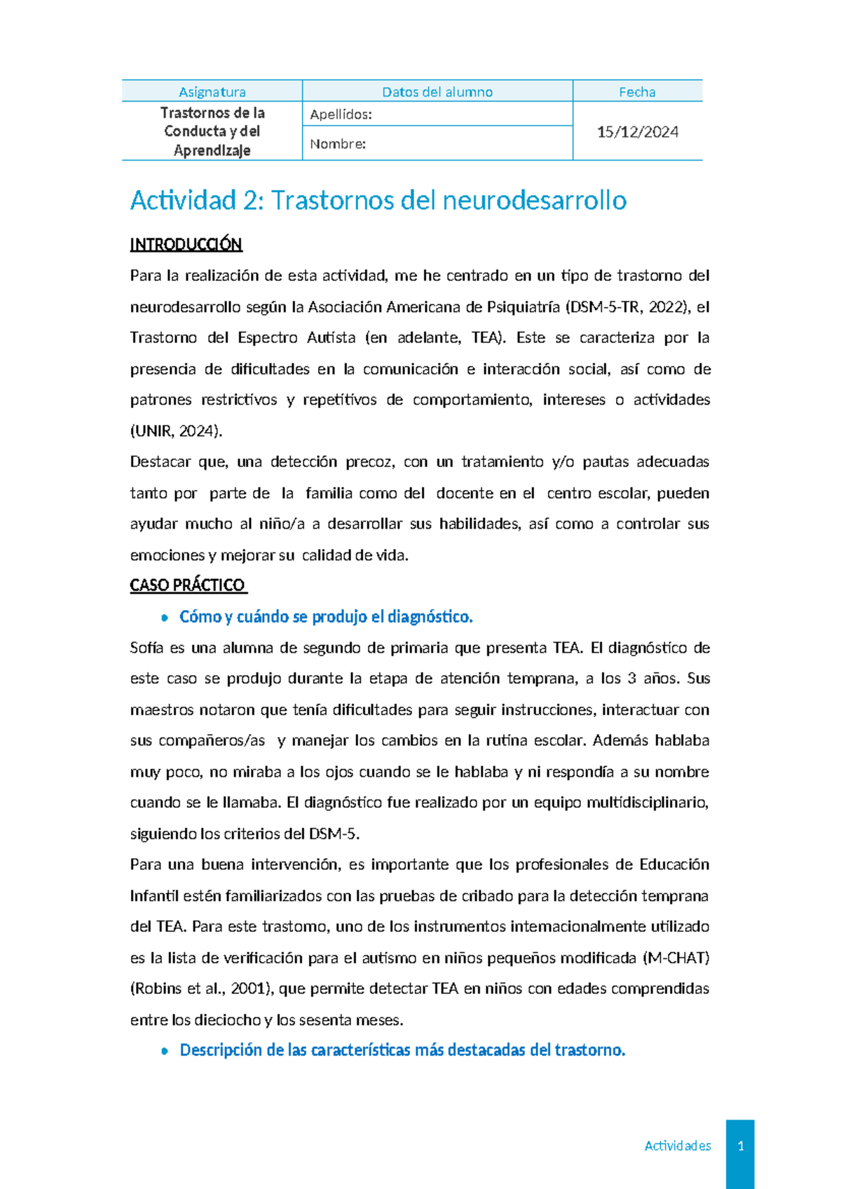 Actividad 2 trastornos - Trastornos de la Conducta y del Aprendizaje ...