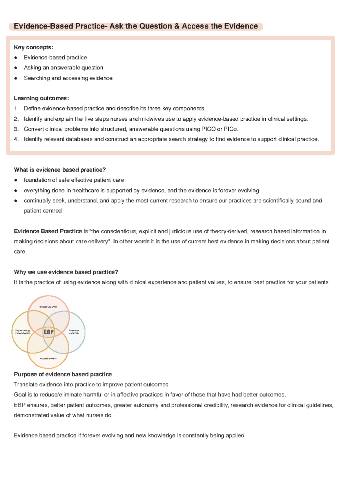 Evidence-Based Practice in Nursing: Key Concepts & Application (HNN108 ...