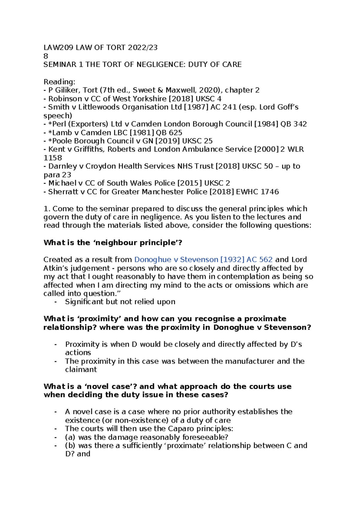 LAW209 Seminar 1: Duty of Care in Negligence - Key Concepts and Cases ...