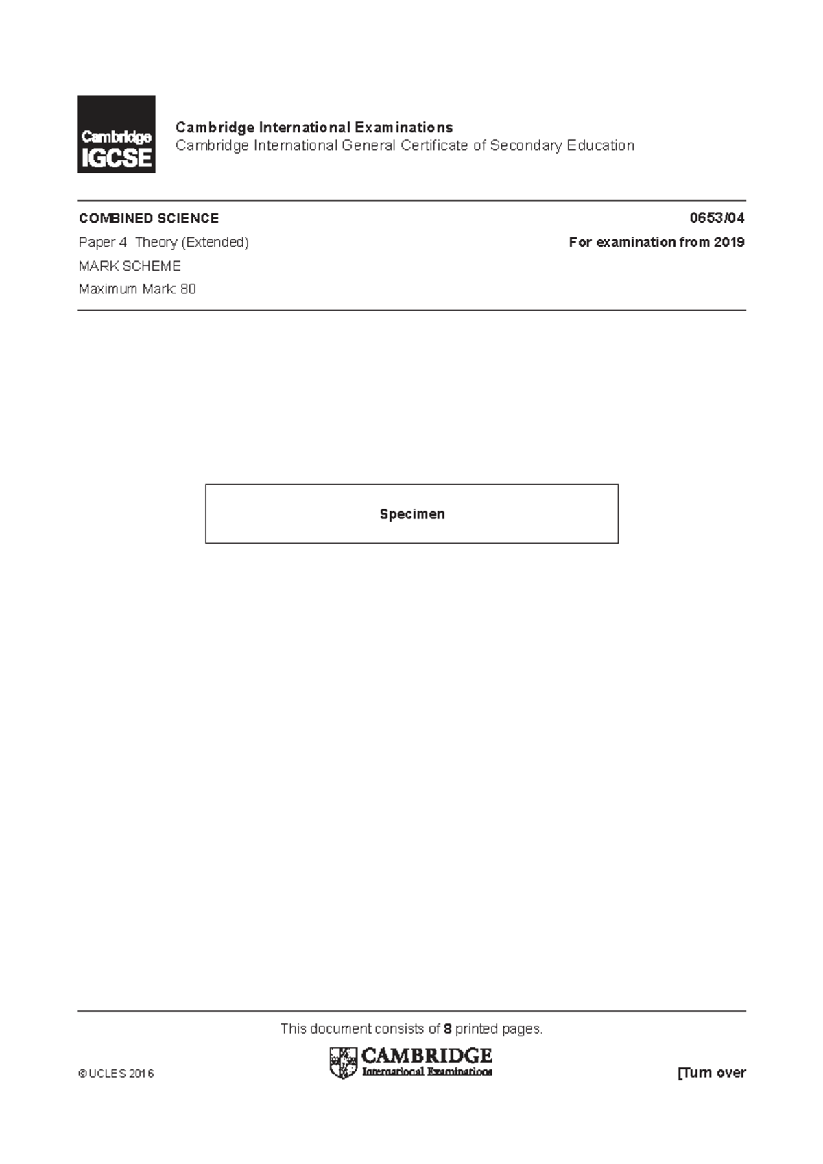 Cambridge IGCSE Combined Science 2019 Specimen Mark Scheme Paper 4 ...