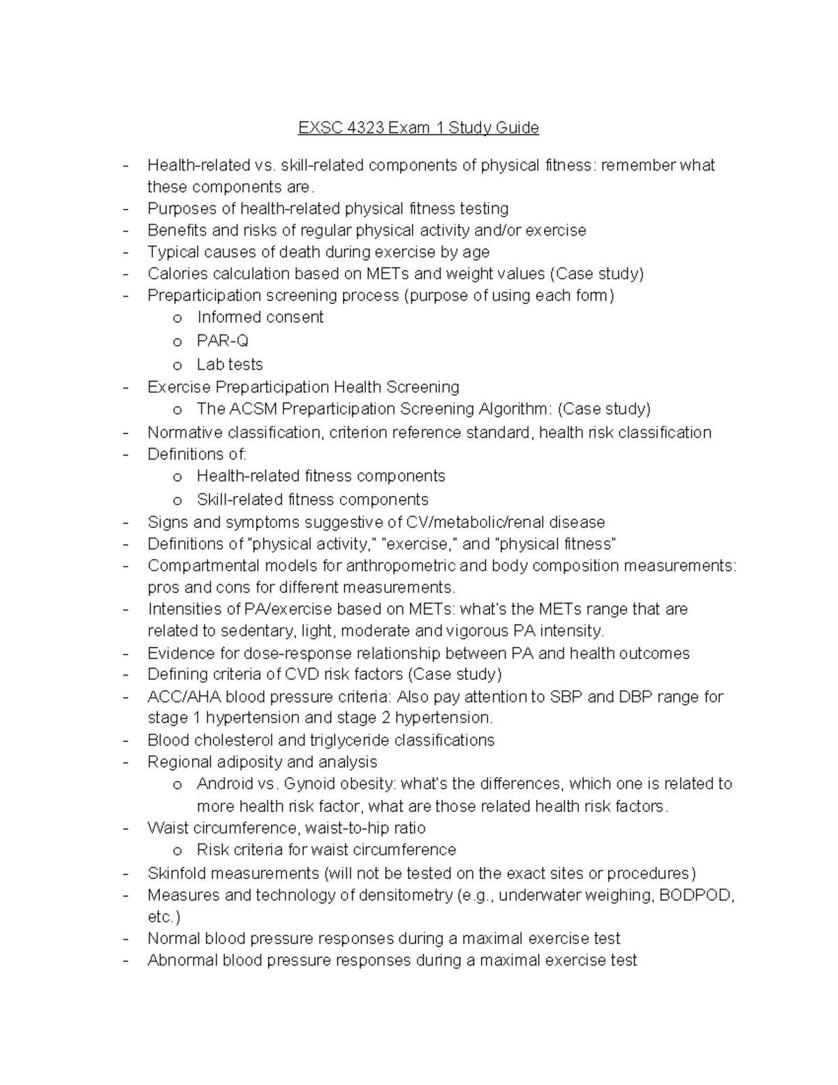 EXSC 4323 Exam 1 Study Guide: Components of Physical Fitness - Studocu
