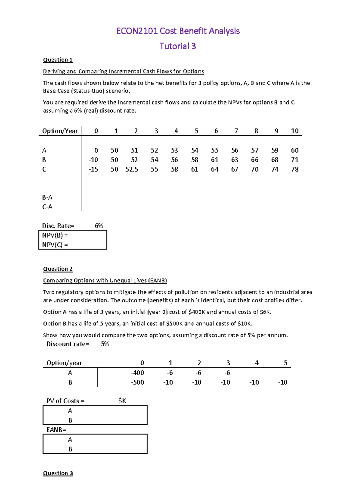 ECON2101 Cost Benefit Analysis Tutorial 3: Cash Flows & NPVs - Studocu