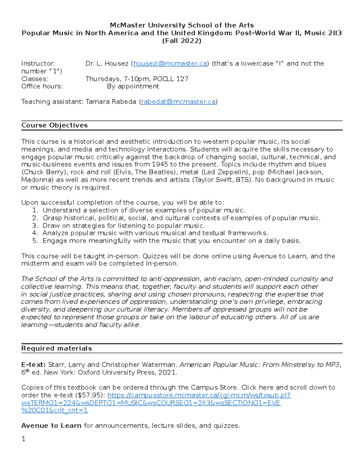Music 2II3 Fall 2022 Course Outline: Popular Music Study Guide - Studocu