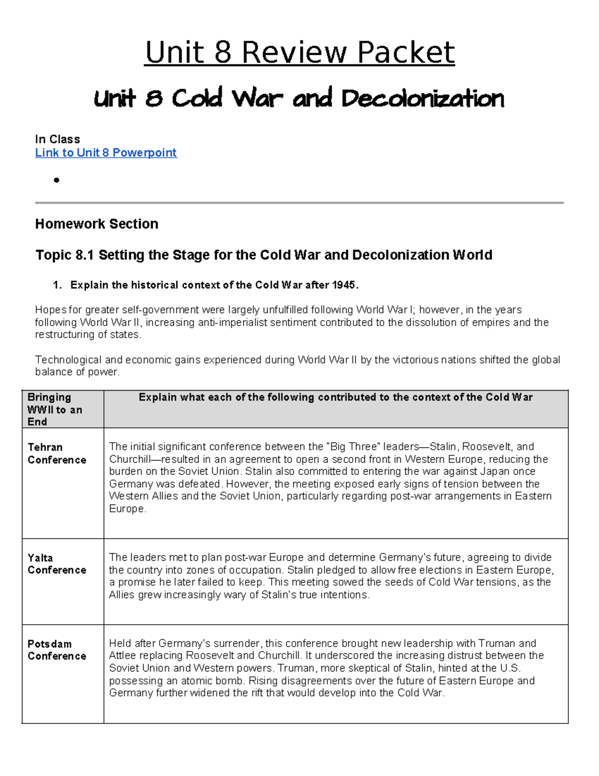 Unit 8 Review Packet: Cold War & Decolonization Insights - Studocu